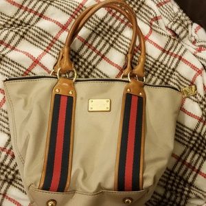 MICHAEL KORS Tan Canvas Handbag Red Navy Stripes N